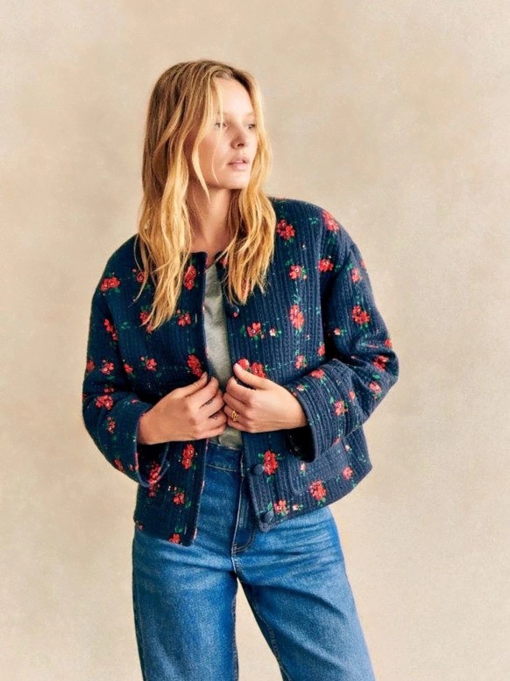 Sézane Dakota Jacket Floral Quilted Blue & Red Size 38